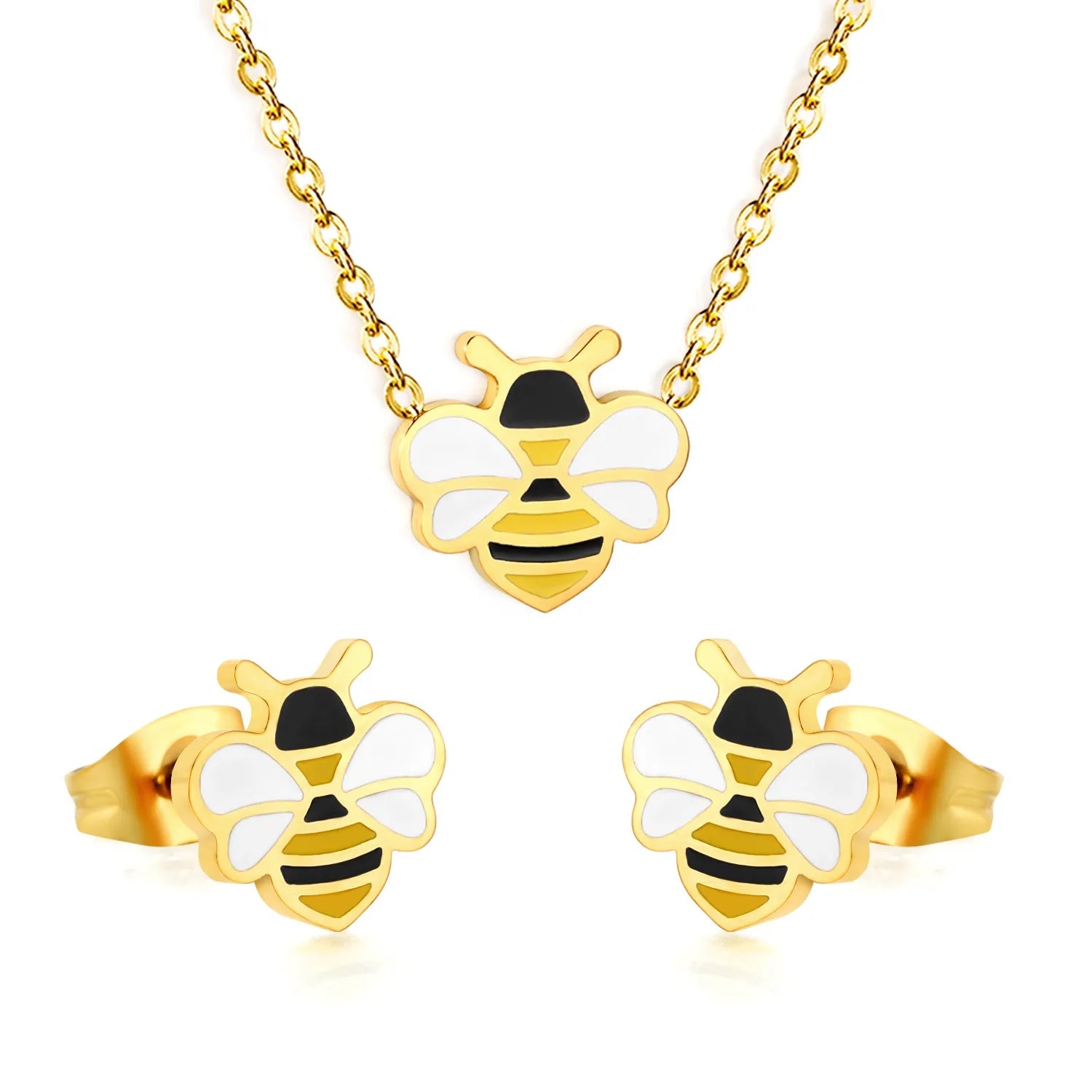 Bee Jewelry Set 0.35 Cross Chain 40+5cm with 6mm Round End Tag 10*9.2mm Earrings 12.5*12mm Bee Pendant Steel & Gold Color asonjewelry